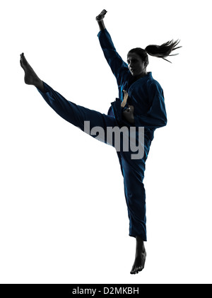 one  woman exercising karate vietvodao martial arts in silhouette studio isolated on white background Stock Photo