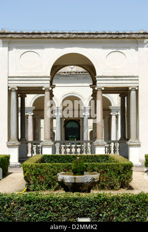 Villa Giulia. Rome. Italy. View from the villa gardens of one of the columned halls that overlook the Nymphaeum. Stock Photo