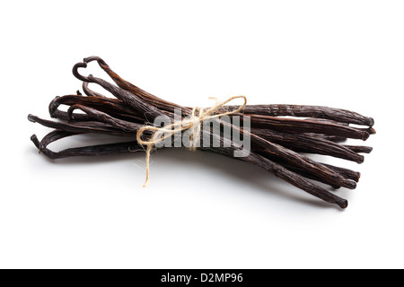 tied vanilla pods on white background Stock Photo