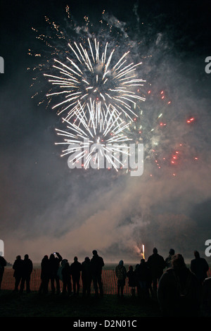 Double white burst at the Widecombe-in-the-Moor, Dartmoor, firework display, Devon, England, United Kingdom, Europe Stock Photo