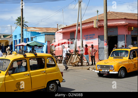Yellow taxi. Antsiranana (Diego-Suarez), northern tip of the island, Diana Region. Madagascar, Africa Stock Photo