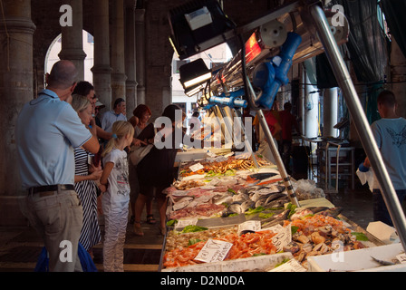 Fish market at Ponte di Rialto, Venice, Veneto, Italy, Europe Stock Photo