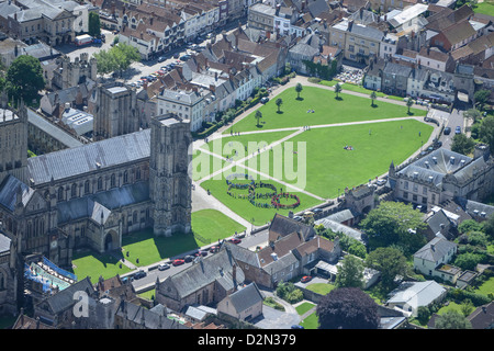 Aerial photograph of Wells Cathedral and Cathedral Green Stock Photo