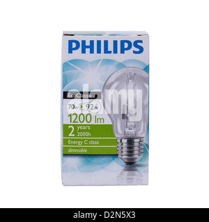 A Philips EcoClassic 70 watt halogen lightbulb on a white background