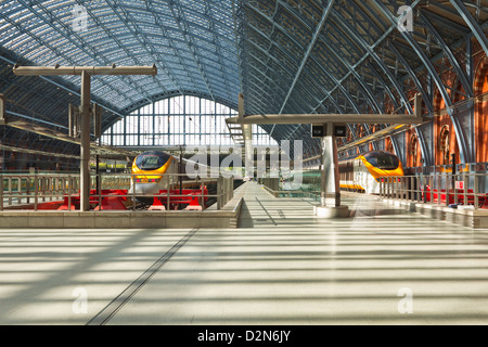 Two Eurostar trains await departure at St. Pancras International, London, England, United Kingdom, Europe Stock Photo