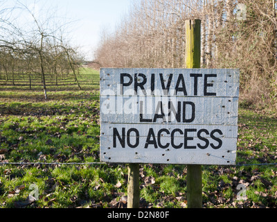 Private land no access sign painted on a board in an English orchard UK Stock Photo