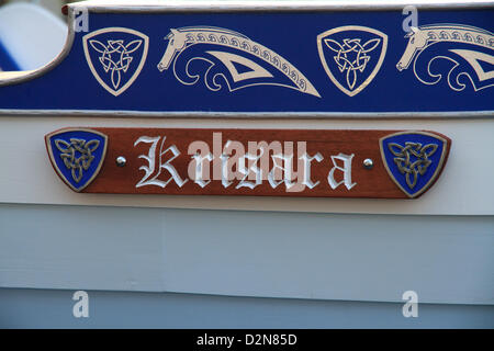 Shetland, Scotland, UK. Tuesday 29 January 2013.  The name plate Krisara on the guizer jarl's (chief viking) galley for the celebration of Up Helly Aa, the fire festival that takes place in Shetland every January. Stock Photo