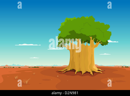 Illustration of a cartoon african landscape, with baobab tree and wide ...