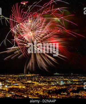 Fireworks over Reykjavik and suburbs, Iceland Stock Photo