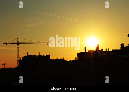 Golden Sunset Behind The Buildings Stock Photo