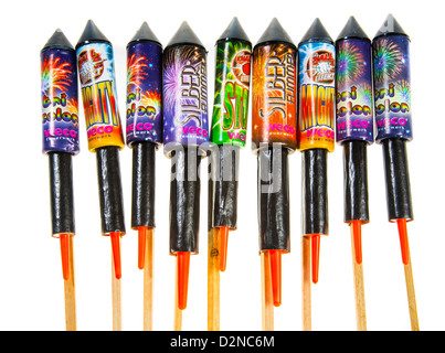 Different types of firework rockets, missiles. Stock Photo