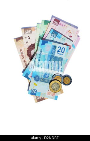 Mexican Pesos currency. Bills and Coins Stock Photo