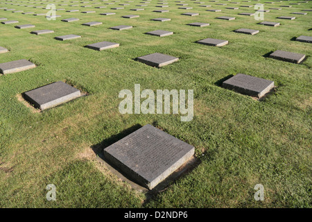 Lines of memorial plaques with names of fallen German soldiers in the Langemark German Cemetery, near Langemark, Belgium. Stock Photo