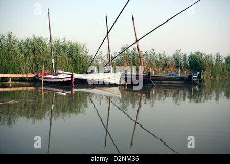 Traditional fishing boats at La Albufera National Park, in Valencia, Spain. Stock Photo