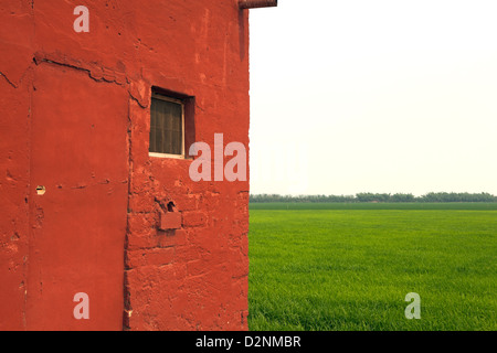 Typical architecture and rice plantations at La Albufera National Park, in Valencia, Spain. Stock Photo