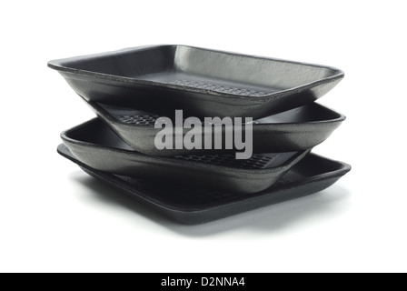 Stack of Disposable Black Styrofoam Trays on White Background Stock Photo