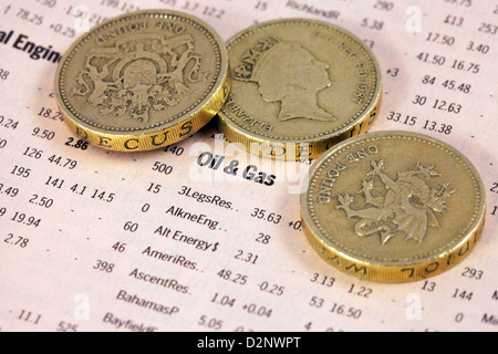 Oil and gas share values listed in the Financial Times  with pound coins - concept of oil money Stock Photo