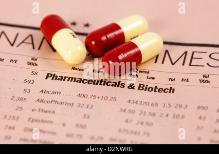 Pharmaceutical company share prices in the Financial Times newspaper, and drugs - concept, FT UK Stock Photo