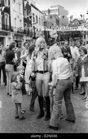 1970s fashionable women Hot Pants fashion Beauchamp Place street party Knightsbridge London SW3  1971 UK HOMER SYKES Stock Photo