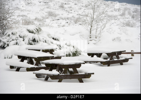 picnic benches in snow in a garden, Somerset Stock Photo