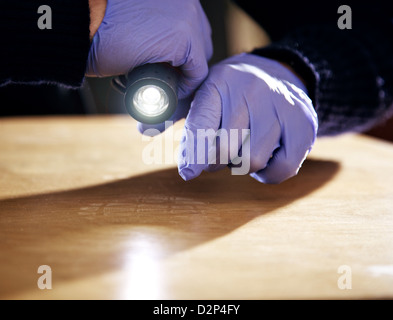 Hand holding a flashlight and searching for evidence Stock Photo