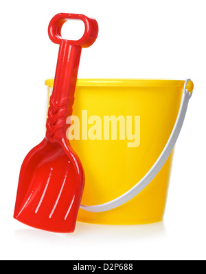 yellow toy bucket and red scoop, isolated on white Stock Photo