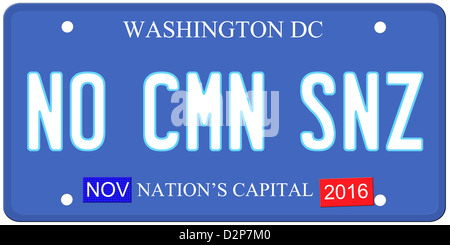 An imitation Washington DC license plate with November 2016 stickers and NO CMN SNZ (no common sense) written on it Stock Photo