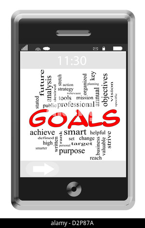 Goals Word Cloud Concept of Touchscreen Phone with great terms such as smart, smarter, set, change, high and more. Stock Photo