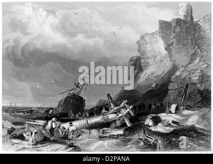 Engraving entitled ' Tynemouth Castle - Vessel Wrecked on the Rocks' scanned at high resolution from a book published in 1842 Stock Photo