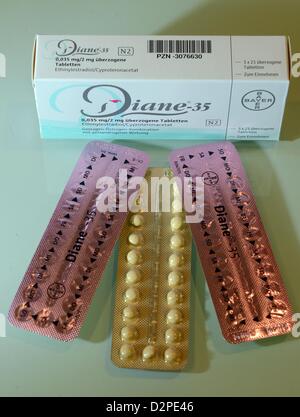 A pack of the 'Diane 35' contraceptive is pictured in Berlin, Germany, 30 January 2013. The acne medicine by Bayer often prescribed as a contraceptive will be banned in France because of possiblly deadly side effects. Diane 35 and imitating drugs may only be sold for three more months, announced the pharmaceutical regulatory authority ANSM on 30 January 2013. Photo: JENS KALAENE Stock Photo