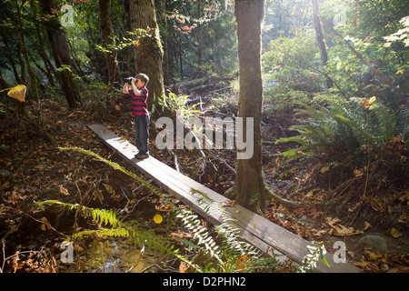 Caucasian boy on bridge using binoculars in forest Stock Photo