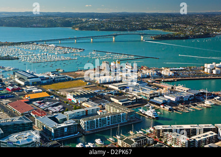 Auckland City and Waitemata Harbour seen from the Sky Tower in downtown Auckland, North Island, New Zealand. Stock Photo