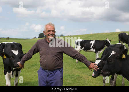 Man standing in field with cows Stock Photo