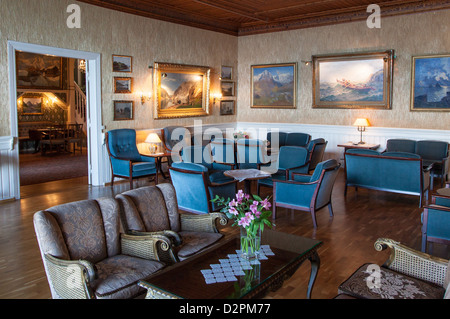 Interior of Kviknes Hotel in Balestrand, Norway along the Sognefjord, the longest fjord in Norway. Stock Photo