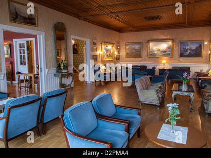 Interior of Kviknes Hotel in Balestrand, Norway along the Sognefjord, the longest fjord in Norway. Stock Photo