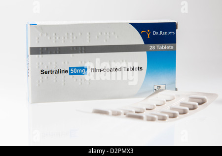 Sertraline ssri anti depressant tablets and box Stock Photo