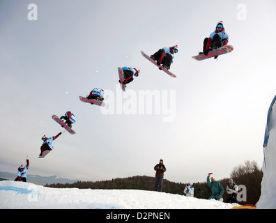 VALCA, SLOVAKIA - FEBRUARY 13: jump sequence of Filip Hrkel (SVK) at Nokia Freestyle Tour 2011 February 13, 2011 in Valca, SVK Stock Photo