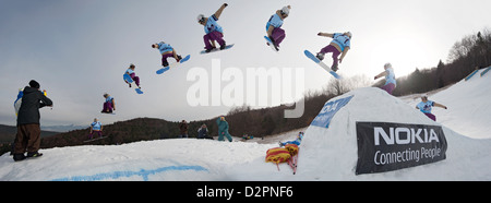VALCA, SLOVAKIA - FEBRUARY 13: jump sequence of Dusan Bizik (winner of event) at Nokia Freestyle Tour on 02/13/11 in Valca, SVK Stock Photo