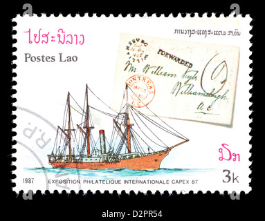 Postage stamp from Laos depicting a packet ship and stampless letter forwarded to Williamsburg. Stock Photo