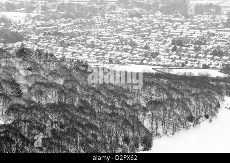 View over Newton Woods and Great Ayton village from summit of Roseberry Topping, North Yorkshire, England Stock Photo