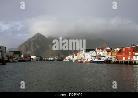Henningsvaer and mountains after rain, Lofoten Islands, Norway, Europe Stock Photo