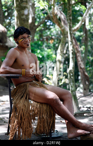 Portrait of a Pataxo Indian man at the Reserva Indigena da Jaqueira near Porto Seguro, Bahia, Brazil, South America Stock Photo