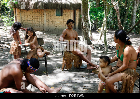Pataxo Indian people at the Reserva Indigena da Jaqueira near Porto Seguro, Bahia, Brazil, South America Stock Photo