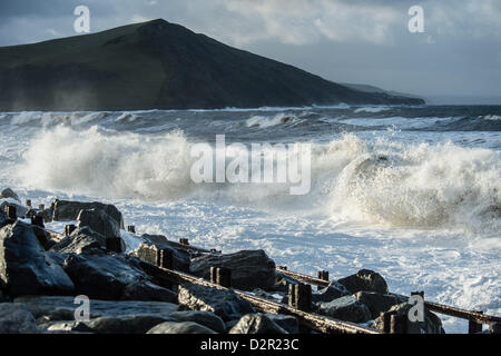 Aberystwyth Wales UK.  January 31 2013 Gale force winds and stormy seas batter the seafront and beach at Aberystwyth on the west Wales coast.  Parts of Wales have been put on flood alert as a Met Office 'yellow' warning for heavy rain, severe gales and even snow are expected to hit the southern half of the country on Friday.  photo Credit: keith morris/ Alamy Live News Stock Photo