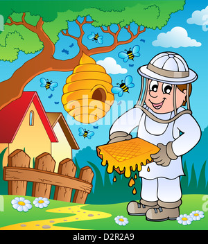 Beekeeper with hive and bees - picture illustration. Stock Photo