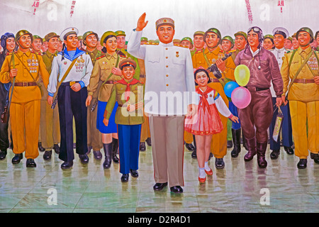 Wall mural of Kim Il Sung, Victorious Fatherland Liberation War Museum, Pyongyang, North Korea Stock Photo