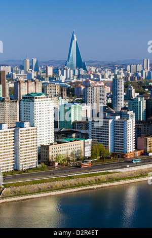 Elevated city skyline including the Ryugyong hotel and Taedong River, Pyongyang, North Korea Stock Photo