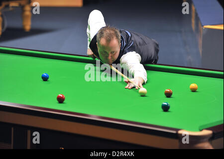 Berlin, Germany. 30th January 2013. Scottish snooker player John Higgins prepares for a game of the German Masters snooker tournament at Tempodrom in Berlin, Germany, 30 January 2013. The competition is held until 03 February 2013. Photo: Paul Zinken/dpa/Alamy Live News Stock Photo