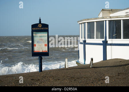 Aberystwyth Wales UK.  January 31 2013 Gale force winds and stormy seas batter the seafront and beach at Aberystwyth on the west Wales coast.  Parts of Wales have been put on flood alert as a Met Office 'yellow' warning for heavy rain, severe gales and even snow are expected to hit the southern half of the country on Friday. photo ©keith morris Stock Photo