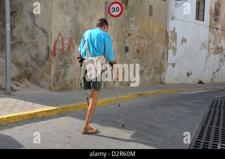 A one-legged man on holiday in Oliva, Spain Stock Photo